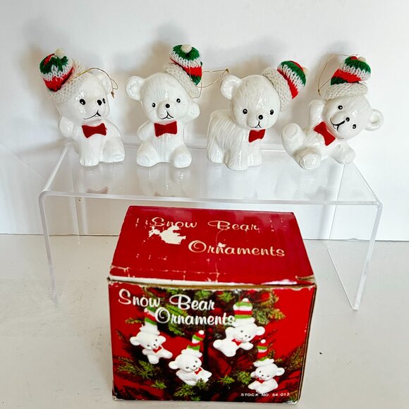 Vtg Snow Bear Ornaments 4 Porcelain Bears Knit Hats Bows Christmas Around the - Picture 1 of 16
